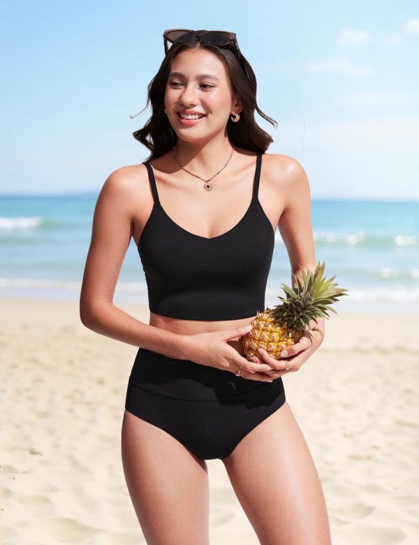 Women's Bikini Top Cropped V Neck Adjustable Spaghetti Straps Swimsuit Padded Athletic Bathing Suit