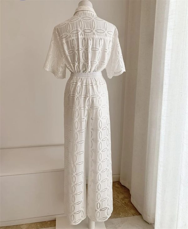 Women's Embroidered Cotton Set - White Hollow Out Shirt & Elastic Waist Pants