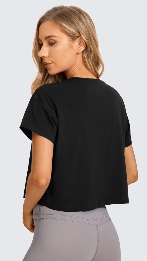 Women's Pima Cotton Workout Short Sleeve Shirts Loose Athletic Crop Tops Gym Casual Cropped T-Shirt