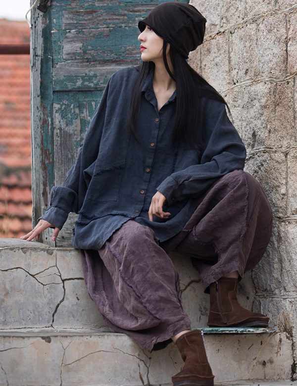 Women Wide Leg Elastic Waist Cotton Linen Distressed Patchwork Pumpkin Style Wide Leg 3/4 Length Cropped Pants