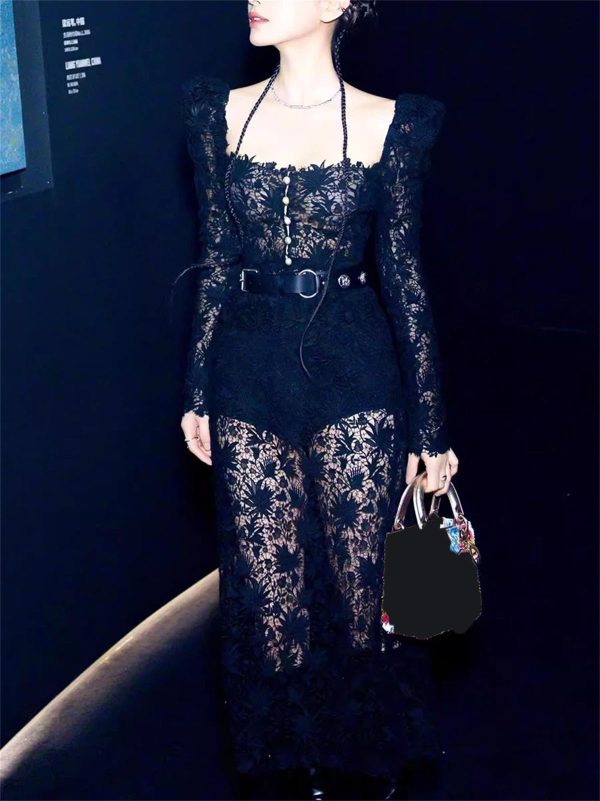 Women's Lace Top Set - Square Neck Long Sleeve & Skirt Casual 2-Piece