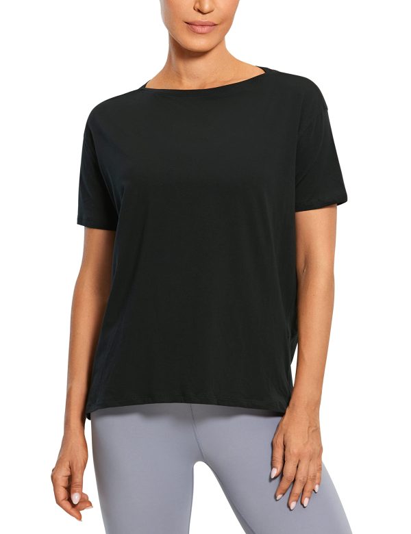 Women's Pima Cotton Short Sleeve Shirts Boat Neck Loose Fit Gym Workout T-Shirt Athletic Casual Tops