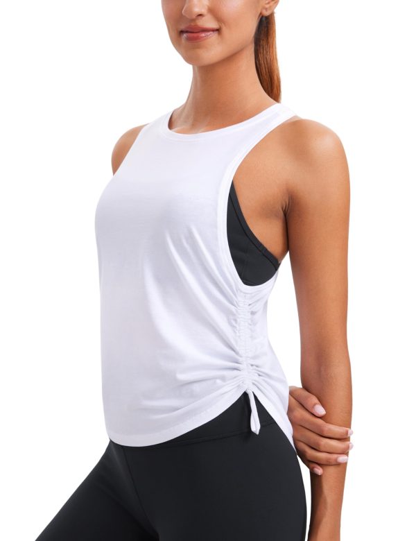 Pima Cotton Women Racerback Sleeveless Workout Tops Crew Neck Ruched Side Tanks Athletic Casual Loose Shirts