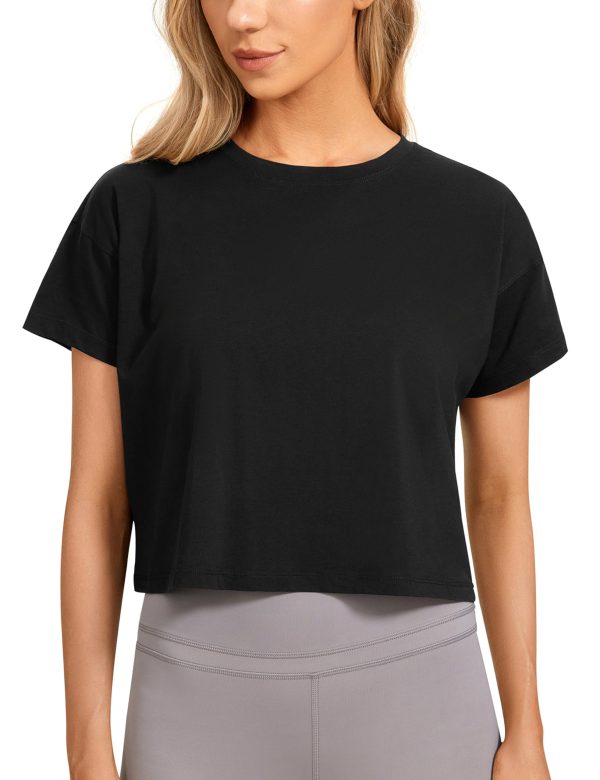 Women's Pima Cotton Workout Short Sleeve Shirts Loose Athletic Crop Tops Gym Casual Cropped T-Shirt