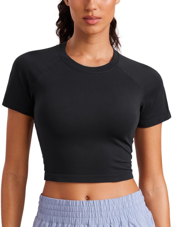 Seamless Womens Short Sleeve Crop Tops Breathable Slim Fit Gym Workout Shirts Athletic Running Basic Tee Top
