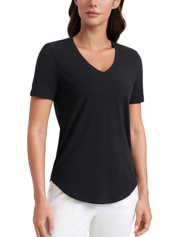 Womens Pima Cotton V Neck T-Shirt Short Sleeve Casual Workout Shirts Soft Summer Basic Tee Tops