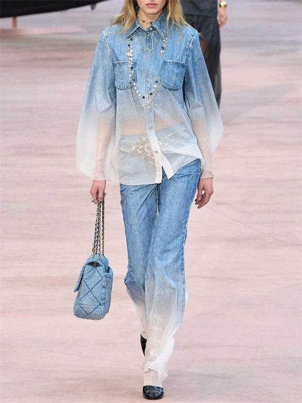 Women's Gradient Pants Set - Lapel Long Sleeve Top & High Waist Casual Outfit