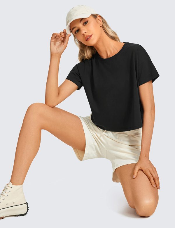 Women's Pima Cotton Workout Short Sleeve Shirts Loose Athletic Crop Tops Gym Casual Cropped T-Shirt