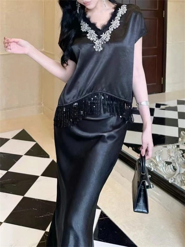 Women's Tassel Top Set - V-Neck Patchwork Crop Top & Skirt 2-Piece