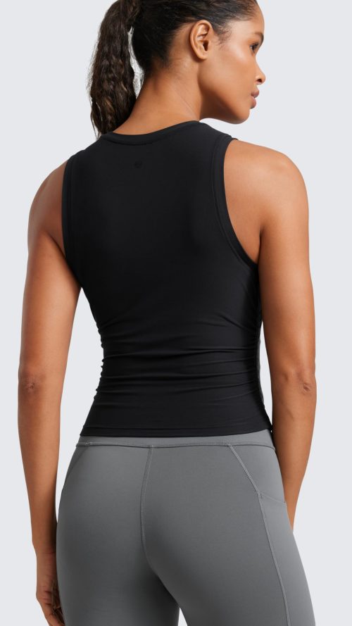 Cloudweight Womens Ruched Tank High Neck Workout Fitted Tops Basic Yoga Athletic Sleeveless Shirts