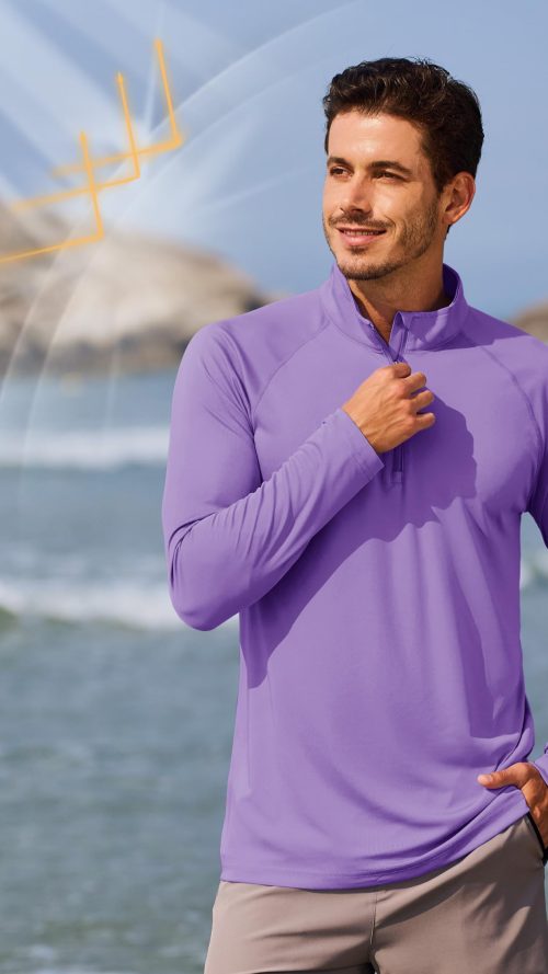 Men's Long Sleeve Athletic Shirts 1/4 Pullover Zip Sun Protection Rash Guard UPF 50+ Outdoor Running T-Shirts