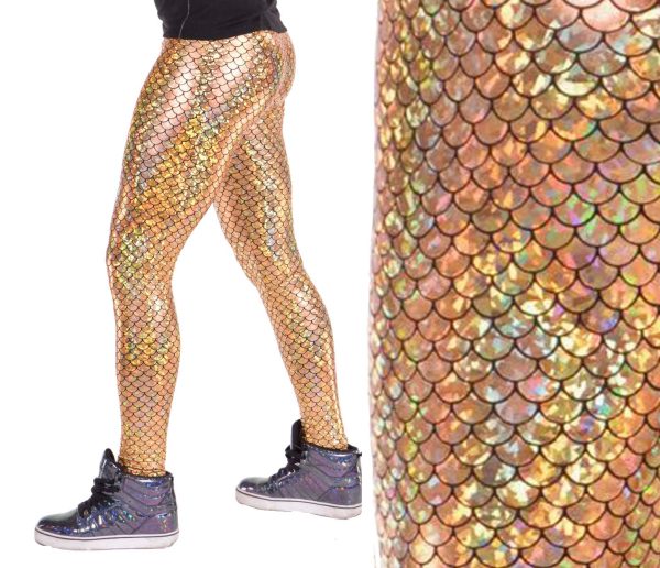/ Funstigators Festival Clothing: Holographic Gold Merman Meggings - Made in USA (Gold Mermaid, L)