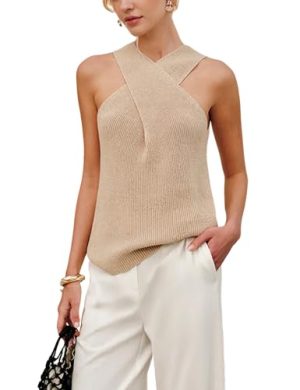 Women Halter Cross Over Collar Tank Knit Sleeveless Top Solid Color Casual Summer Blouse