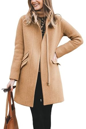 Womens Long Coat Classic Open Front Zip Up Casual Winter Wool Blend Over Pea Coats Long Jackets