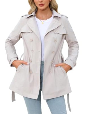 Women Trench Coat Double-Breasted Classic Lapel Long Fall Overcoat Belted Slim Winter Outerwear Coat