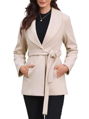Pea Coats for Women Lapel Collar One Button Winter Overcoat with Belt Trench Coat